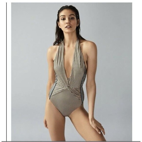 Reiss Women's Plunge V-Neck Print One Piece Halter Swimsuit Blue US Size 4 - Picture 5 of 16